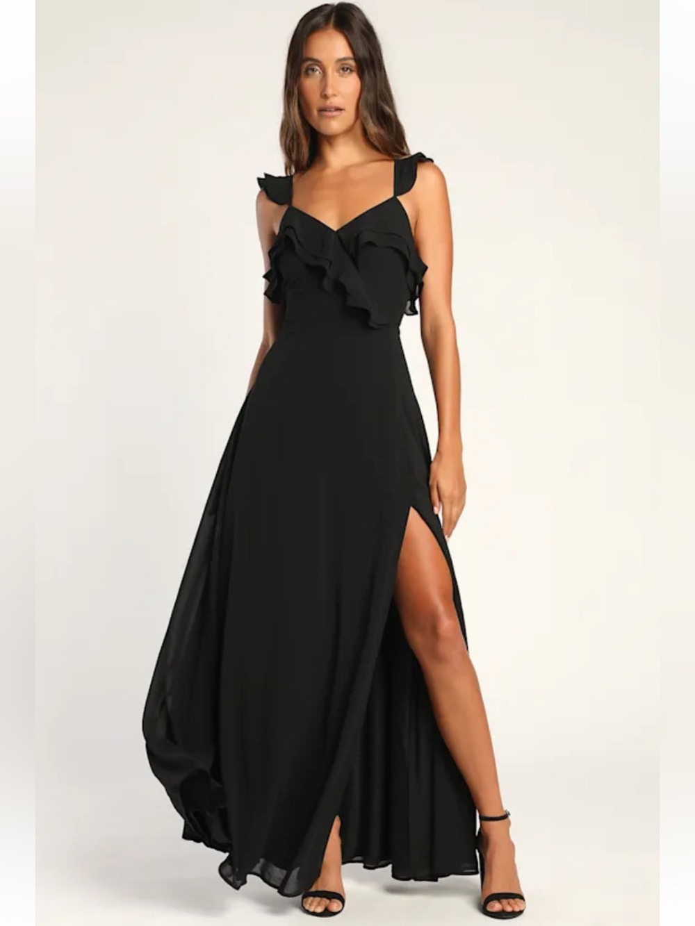 Lulu's NWT  XL Adoring Glances Black Ruffle V-Neck Maxi Dress w Side Slit